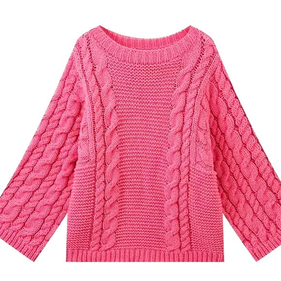 OVERSIZED MED CABLE KNIT SWEATER IN A GORGEOUS SHADE OF FUSCHIA AND BELL SLEEVES - Picture 1 of 4